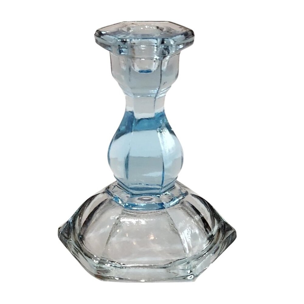 Tiara Hexagonal Clear Blue Indiana Glass Mini Candle Holder UV Glow Vtg 1980s